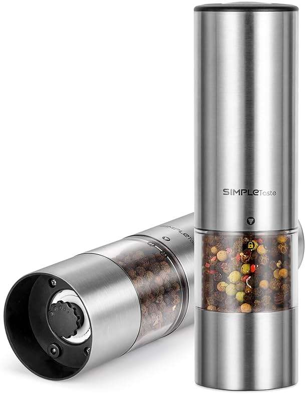 SIMPLETASTE Electric Salt and Pepper Grinder Set with LED Light, Automatic Pepper Mill Shakers with Adjustable Coarseness, One Hand Operation for Kitchen, Dining, Gifting, Silver, Battery Operated - Image 8