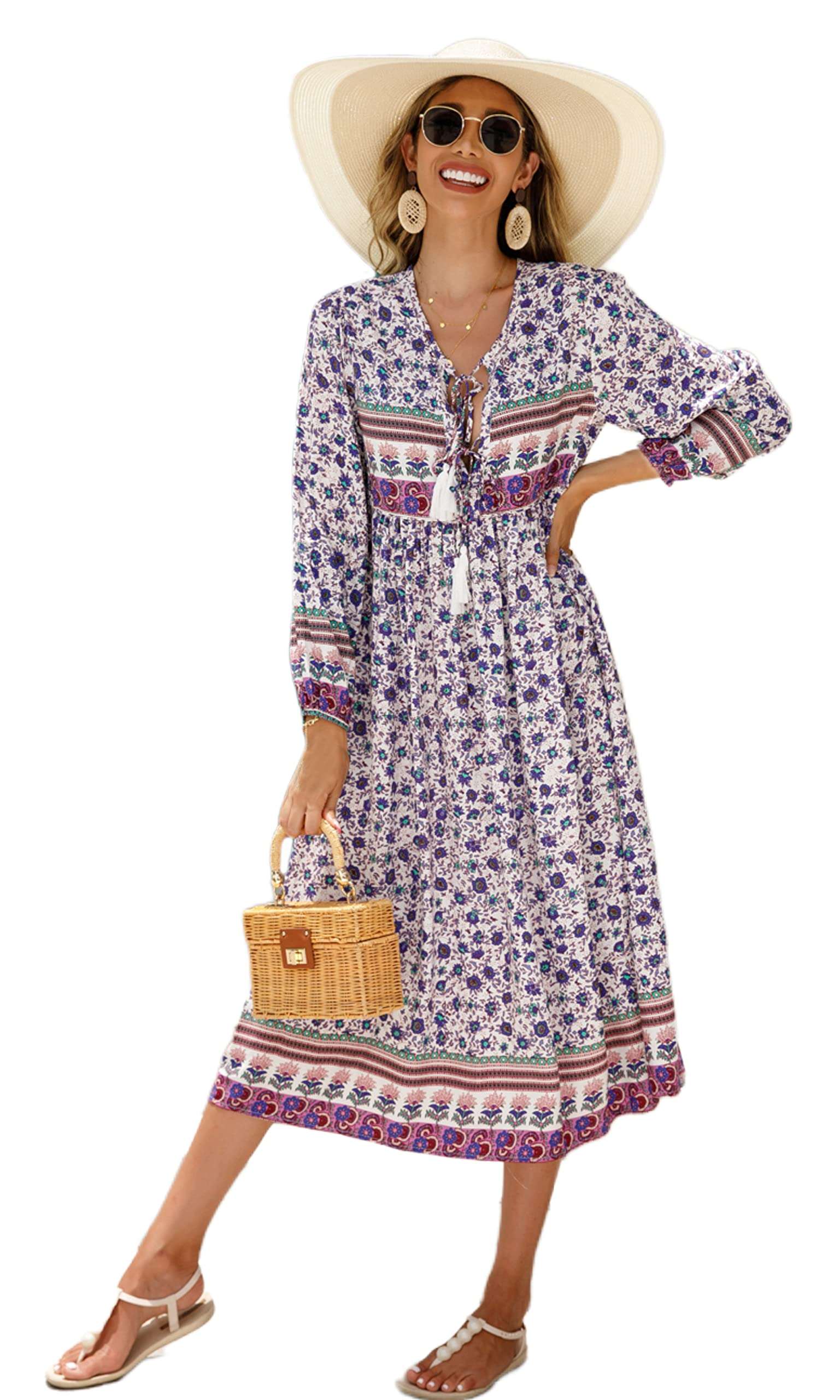 R.Vivimos Women's Long Sleeve Floral Print Retro V Neck Tassel Bohemian Midi Dresses - Image 1