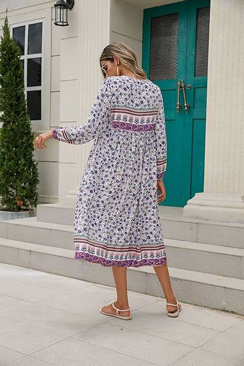 R.Vivimos Women's Long Sleeve Floral Print Retro V Neck Tassel Bohemian Midi Dresses - Image 2