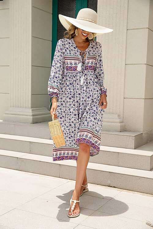 R.Vivimos Women's Long Sleeve Floral Print Retro V Neck Tassel Bohemian Midi Dresses - Image 4