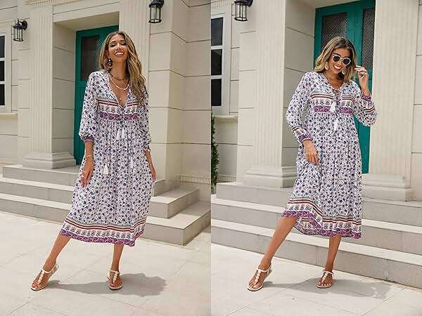 R.Vivimos Women's Long Sleeve Floral Print Retro V Neck Tassel Bohemian Midi Dresses - Image 5