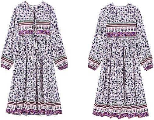 R.Vivimos Women's Long Sleeve Floral Print Retro V Neck Tassel Bohemian Midi Dresses - Image 6