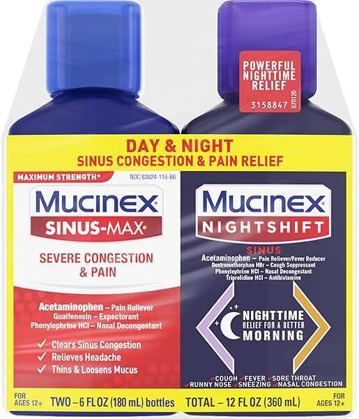 Mucinex Maximum Strength Sinus-Max Severe Congestion & Pain + Nightshift Sinus Liquid, Cold and Flu Medicine for Adults, Over-the-Counter Medication for Multi-Symptom Relief, 2x6 Fl Oz - Image 11