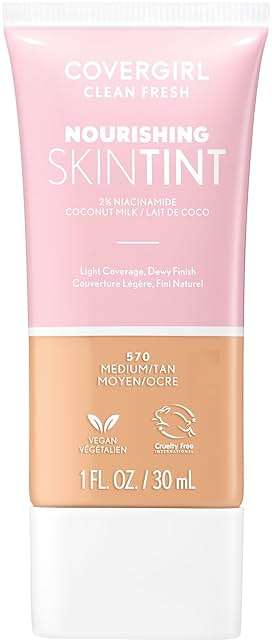 COVERGIRL Clean Fresh Nourishing Skin Tint, 570 Medium/Tan, Liquid Foundation, Dewy Finish, Infused with Coconut & Aloe, Vegan Formula - Image 1