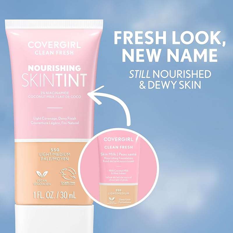 COVERGIRL Clean Fresh Nourishing Skin Tint, 570 Medium/Tan, Liquid Foundation, Dewy Finish, Infused with Coconut & Aloe, Vegan Formula - Image 5