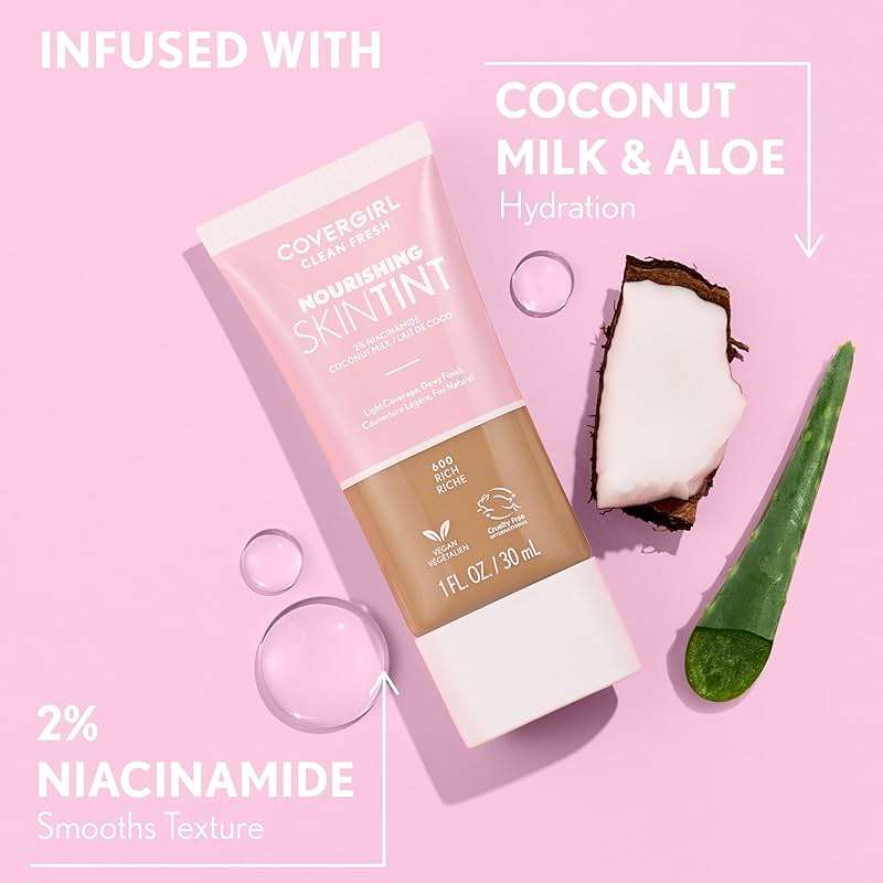 COVERGIRL Clean Fresh Nourishing Skin Tint, 570 Medium/Tan, Liquid Foundation, Dewy Finish, Infused with Coconut & Aloe, Vegan Formula - Image 9