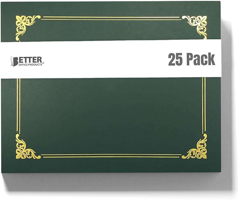 Better Office Products 25 Pack Green Certificate Holders, Diploma Holders, Document Covers with Gold Foil Border, for Letter Size Paper, 25 Count, Hunter Green - Image 1