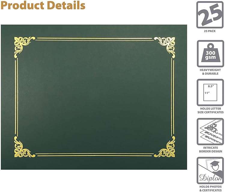 Better Office Products 25 Pack Green Certificate Holders, Diploma Holders, Document Covers with Gold Foil Border, for Letter Size Paper, 25 Count, Hunter Green - Image 3