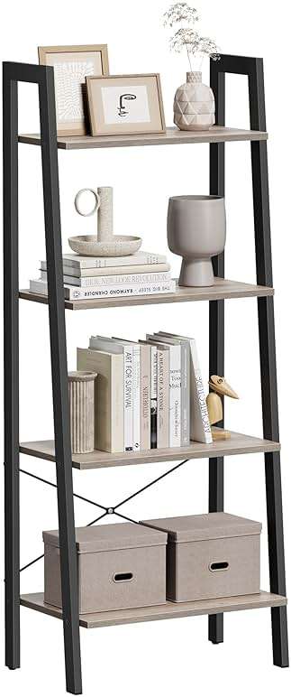 VASAGLE BARNET Collection - Ladder Shelf, Bookshelf, Storage Rack, Modern Bookcase for Living Room Home Office Kitchen, Steel Frame, 4-Tier, 22-Inch Wide, Heather Greige and Ink Black ULLS44MB - Image 1