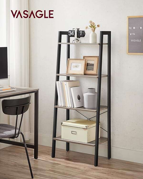 VASAGLE BARNET Collection - Ladder Shelf, Bookshelf, Storage Rack, Modern Bookcase for Living Room Home Office Kitchen, Steel Frame, 4-Tier, 22-Inch Wide, Heather Greige and Ink Black ULLS44MB - Image 2