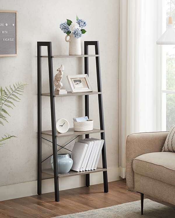 VASAGLE BARNET Collection - Ladder Shelf, Bookshelf, Storage Rack, Modern Bookcase for Living Room Home Office Kitchen, Steel Frame, 4-Tier, 22-Inch Wide, Heather Greige and Ink Black ULLS44MB - Image 4