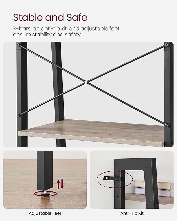 VASAGLE BARNET Collection - Ladder Shelf, Bookshelf, Storage Rack, Modern Bookcase for Living Room Home Office Kitchen, Steel Frame, 4-Tier, 22-Inch Wide, Heather Greige and Ink Black ULLS44MB - Image 5