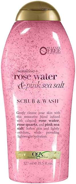 OGX Sensitive + Rose Water & Pink Sea Salt Exfoliating Body Scrub + Rose Quartz, Gentle Exfoliating Daily Body Wash Softens Skin, Body Scrub for Women, Sulfate-Free Surfactants, 19.5 fl oz - Image 1