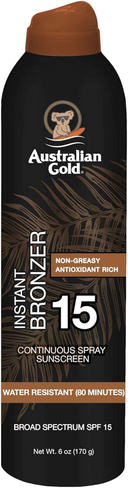 Australian Gold Continuous Spray Sunscreen with Instant Bronzer SPF 15, Immediate Glow & Dries Fast, Broad Spectrum, Water Resistant, Non-Greasy, Oxybenzone Free, Cruelty Free, 6 Ounce - Image 1