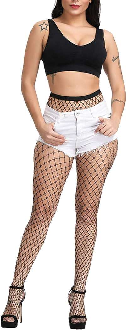 E-Laurels Womens High Waist Patterned Fishnet Tights Suspenders Pantyhose Thigh High Stockings Black - Image 2