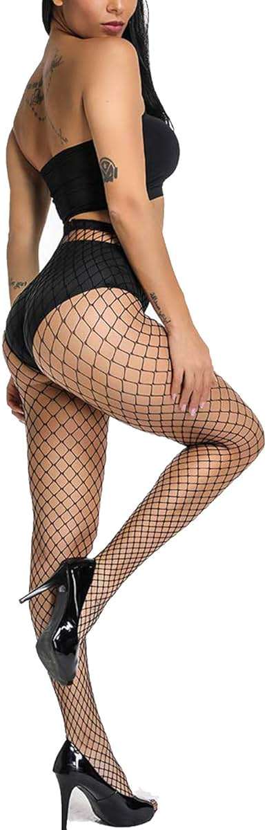 E-Laurels Womens High Waist Patterned Fishnet Tights Suspenders Pantyhose Thigh High Stockings Black - Image 3