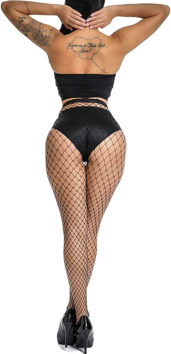 E-Laurels Womens High Waist Patterned Fishnet Tights Suspenders Pantyhose Thigh High Stockings Black - Image 4