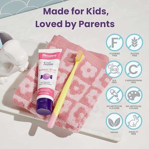Himalaya Botanique Kids Toothpaste with Xylitol, Bubble Gum Flavor - Gentle Fluoride Free Toothpaste - Vegan, Gluten Free, SLS Free, No Artificial Flavors or Colors, 4 oz - Image 4