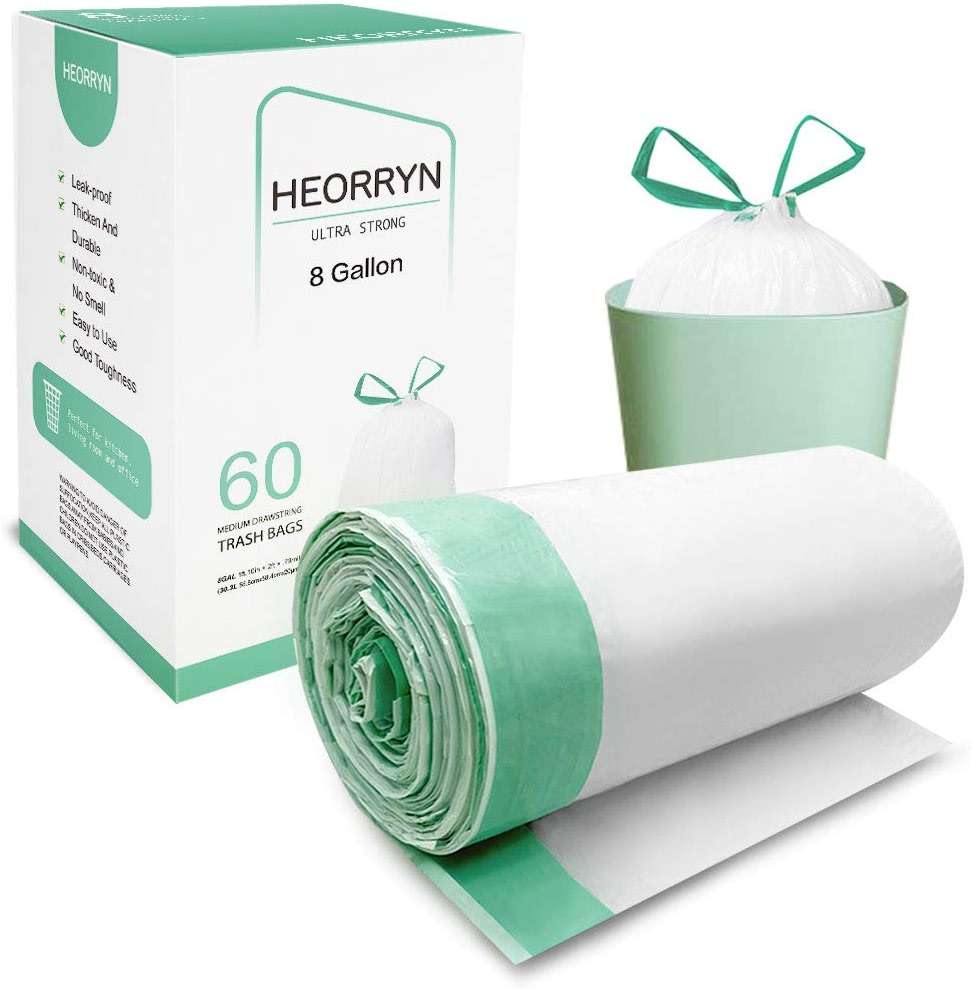 8 Gallon Drawstring Trash Bags-0.79 Mil Ultra Strong Medium Trash Can Liners for Kitchen/Office, Unscented White Garbage Bags, 60 Count - Image 1