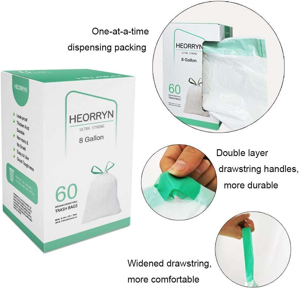 8 Gallon Drawstring Trash Bags-0.79 Mil Ultra Strong Medium Trash Can Liners for Kitchen/Office, Unscented White Garbage Bags, 60 Count - Image 5