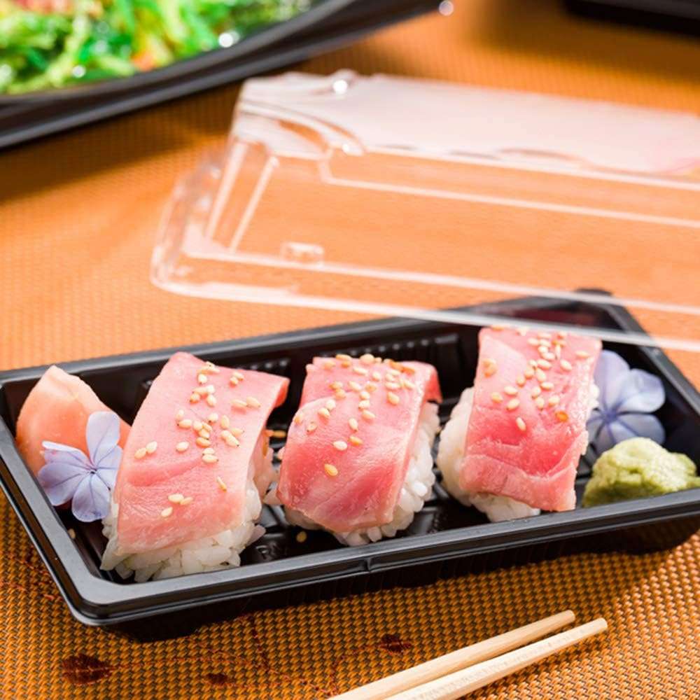 Restaurantware Roku 5.4 x 3 Inch Sushi Trays 100 Disposable Sushi Containers With Lids - Small Rectangle Black Plastic To Go Containers Take Out Containers For Appetizers Entrees or Desserts - Image 2
