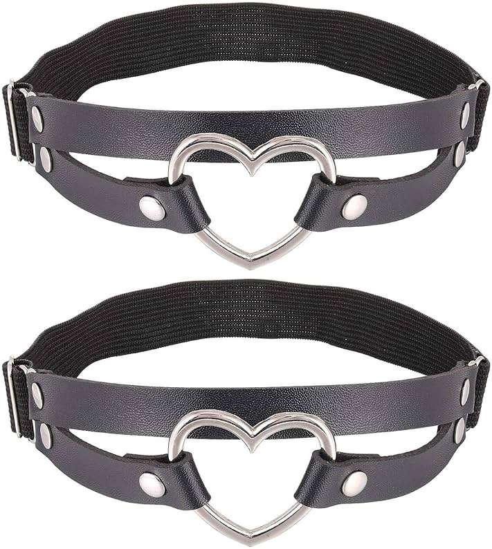 FM FM42 Multicolor PU Simulated Leather Women's Gothic Double Straps Heart O Ring Leg Thigh Elastic Garter Belt, One Pair - Image 1