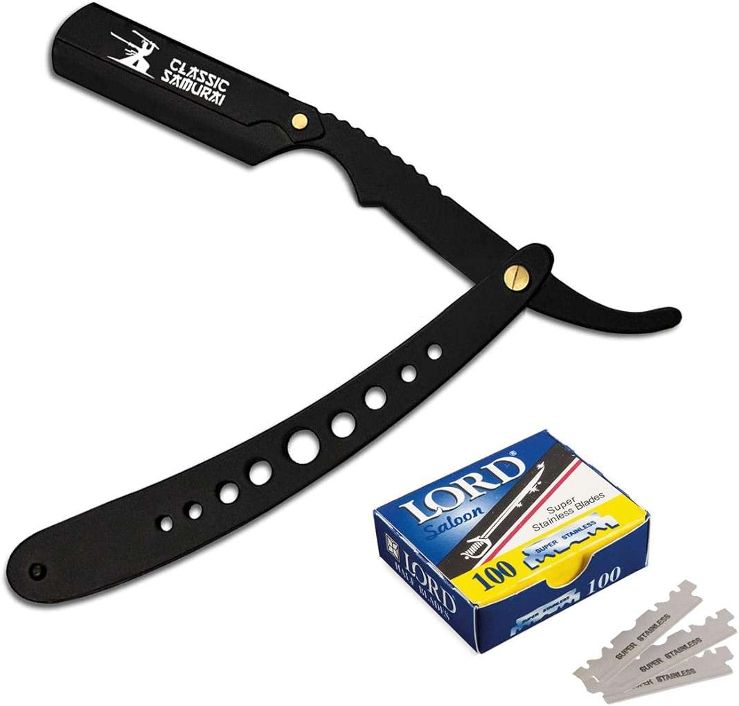 Classic Samurai New Ergonomic Design Stainless Steel Professional Folding Straight Edge Barber Razor Shavette Manual Shaver with 100 Lord Single Blades (Matte Black + 100 Lord Blades) - Image 1