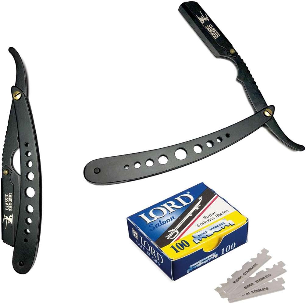 Classic Samurai New Ergonomic Design Stainless Steel Professional Folding Straight Edge Barber Razor Shavette Manual Shaver with 100 Lord Single Blades (Matte Black + 100 Lord Blades) - Image 4