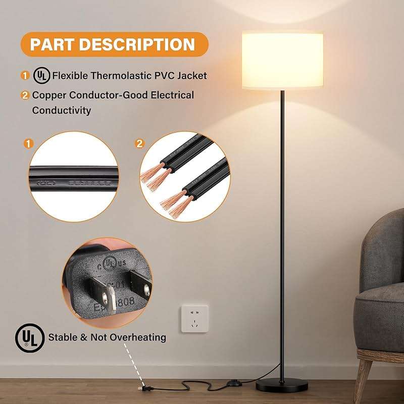 Modern Floor Lamp Simple Design with White Shade, Foot Pedal Switch, 60" Small Tall Lamps for Living Room Bedroom Office Dining Room Kitchen, Black Pole Lamp(Without Bulb) - Image 5