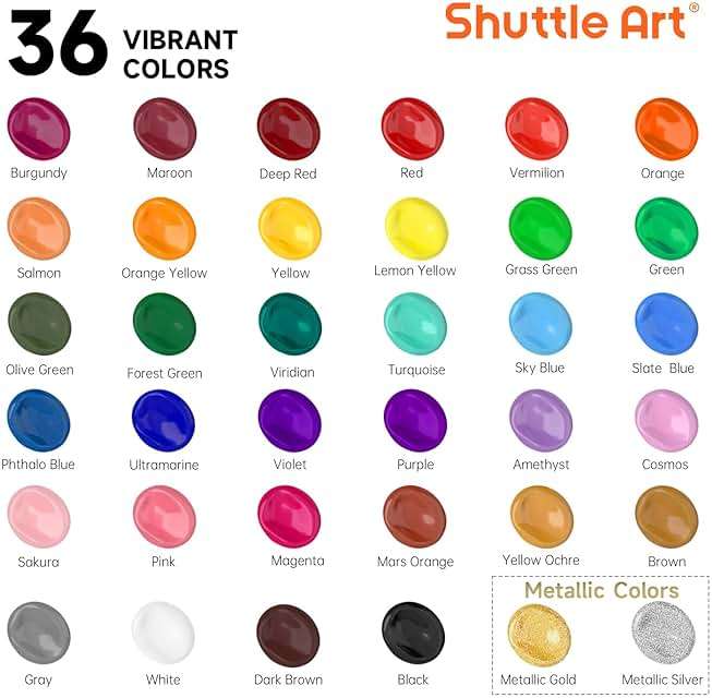 Shuttle Art Acrylic Paint, 36 Colors Acrylic Paint Set with Brushes & Palette, 2oz/60ml Bottles, Rich Pigments Non-toxic for Artists Kids & Adults, Painting on Canvas Rocks Ceramic Wood - Image 2