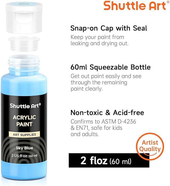 Shuttle Art Acrylic Paint, 36 Colors Acrylic Paint Set with Brushes & Palette, 2oz/60ml Bottles, Rich Pigments Non-toxic for Artists Kids & Adults, Painting on Canvas Rocks Ceramic Wood - Image 3