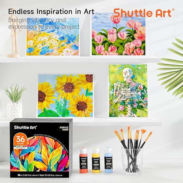 Shuttle Art Acrylic Paint, 36 Colors Acrylic Paint Set with Brushes & Palette, 2oz/60ml Bottles, Rich Pigments Non-toxic for Artists Kids & Adults, Painting on Canvas Rocks Ceramic Wood - Image 7