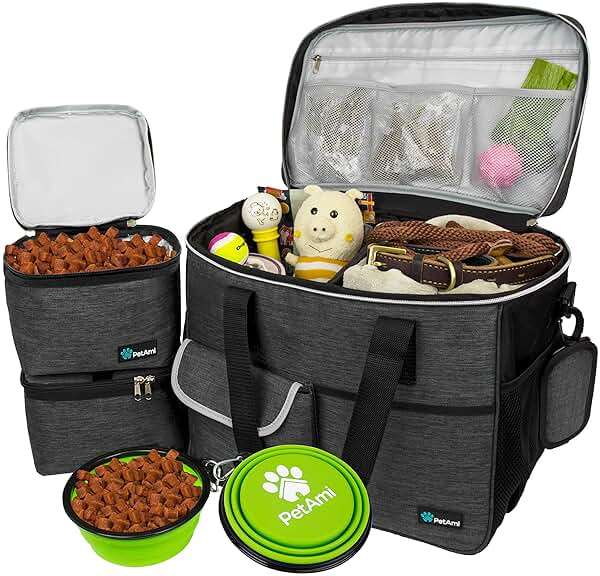 PetAmi Dog Travel Bag - Organizer with Food Container and Bowls, Supplies for Weekend Camping, Cat Diaper Bag (Charcoal, Large) - Image 1