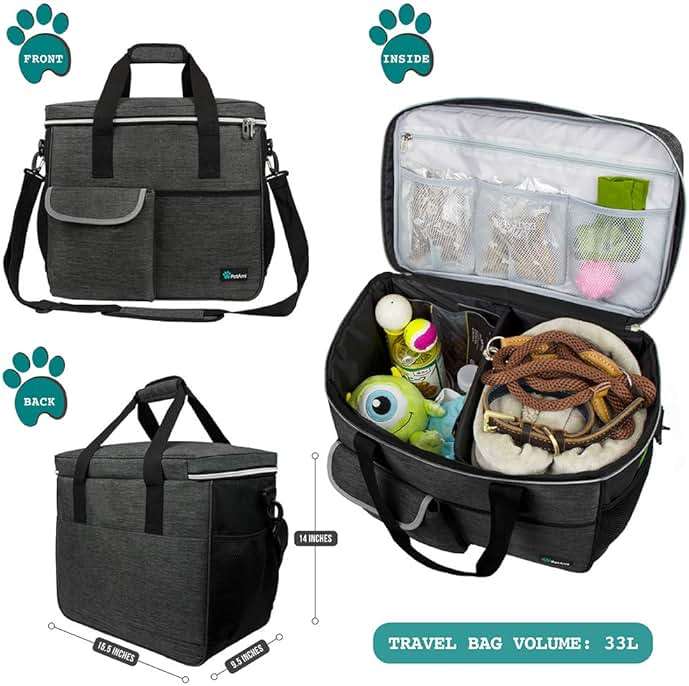 PetAmi Dog Travel Bag - Organizer with Food Container and Bowls, Supplies for Weekend Camping, Cat Diaper Bag (Charcoal, Large) - Image 2