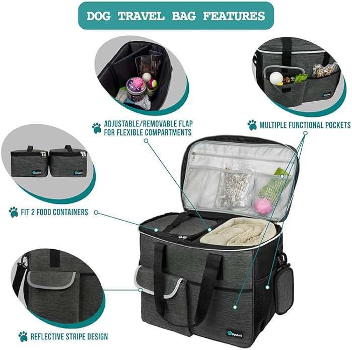 PetAmi Dog Travel Bag - Organizer with Food Container and Bowls, Supplies for Weekend Camping, Cat Diaper Bag (Charcoal, Large) - Image 4