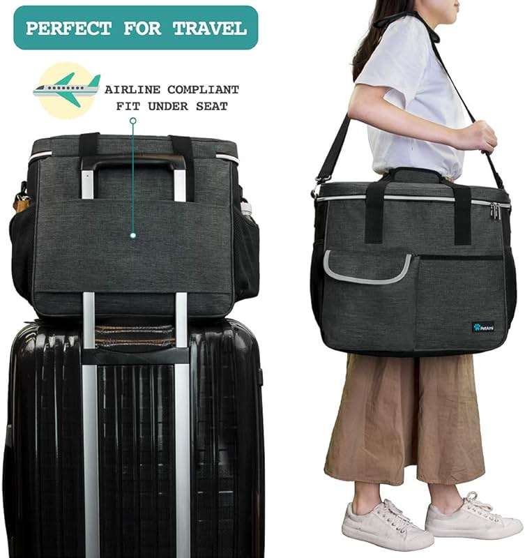 PetAmi Dog Travel Bag - Organizer with Food Container and Bowls, Supplies for Weekend Camping, Cat Diaper Bag (Charcoal, Large) - Image 5