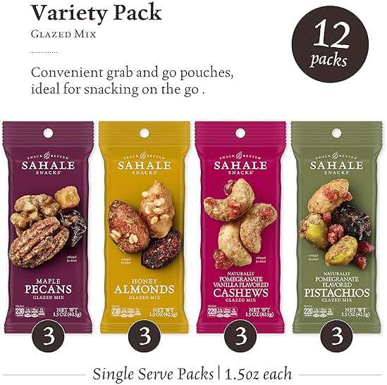 Sahale Snacks Glazed Mix Nut Blend Variety Pack, 1.5 Oz Grab & Go Bags (12 Total Packs) - Four Different Dry-Roasted Deluxe Mixed Nuts Blends Included - Non-GMO Kosher & Certified Gluten-Free Snacks - Image 2