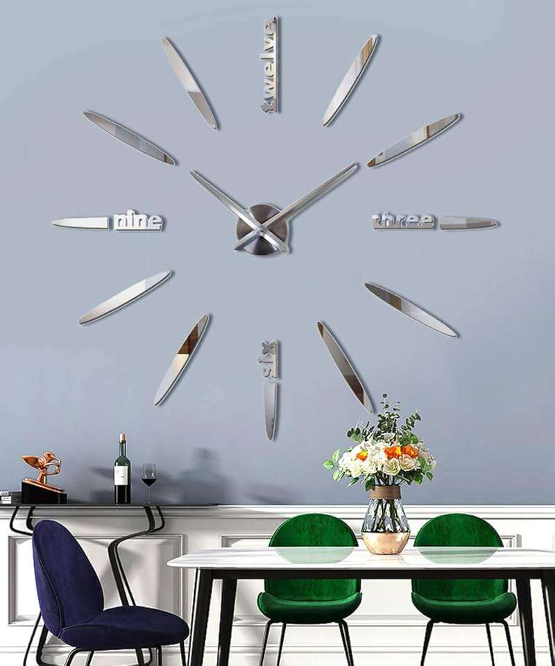 SIEMOO DIY Wall Clock, 3D Mirror Stickers Large Frameless Wall Clock Modern Design Watches Hours for Home Living Room Bedroom Office Decoration Gifts-Silver 012 - Image 1