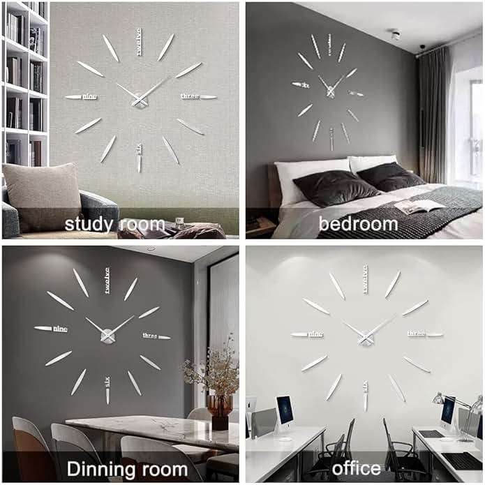 SIEMOO DIY Wall Clock, 3D Mirror Stickers Large Frameless Wall Clock Modern Design Watches Hours for Home Living Room Bedroom Office Decoration Gifts-Silver 012 - Image 6