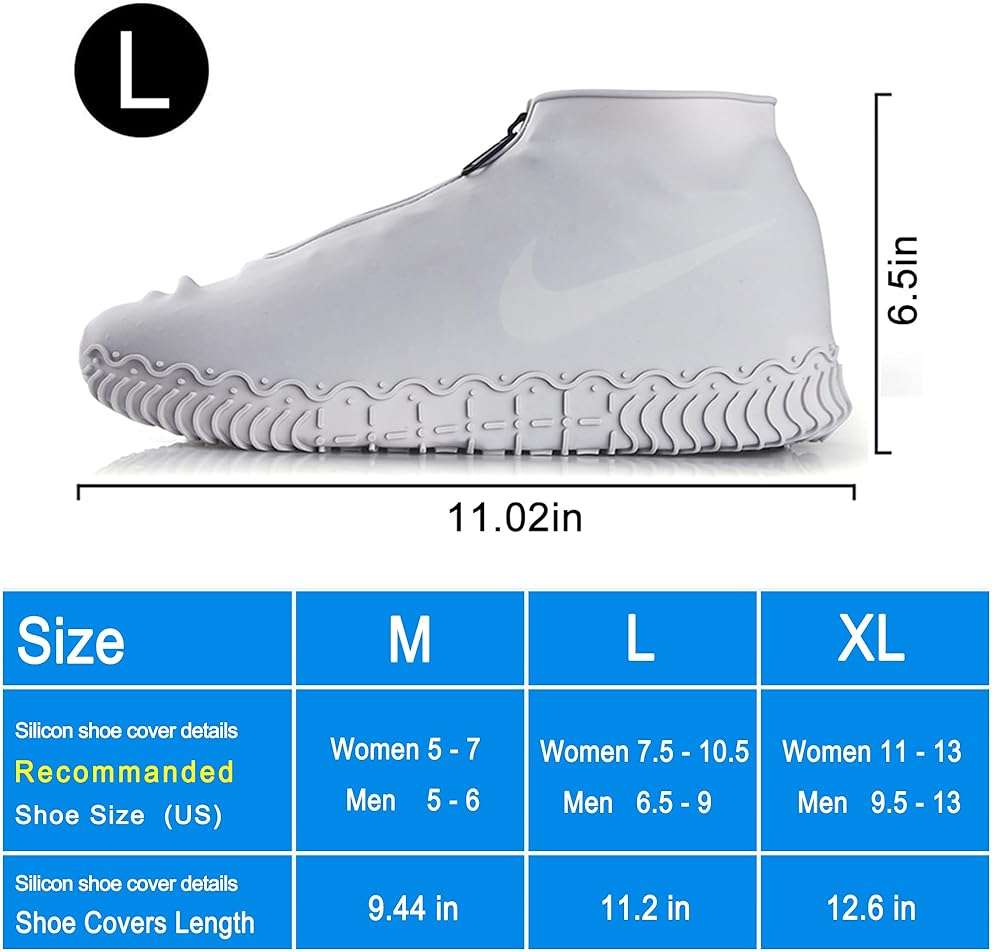 Shiwely Waterproof Shoe Covers, Silicone Reusable Shoe Cover Non-slip Durable Zipper Elastic Rain Cover Protection for Men Women (L (Women 7.5-10.5, Men 6.5-9), Grey) - Image 3