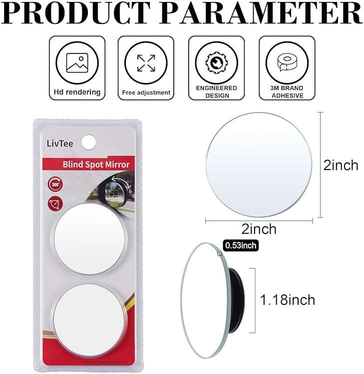 LivTee Blind Spot Mirror, 2" Round HD Glass Frameless Convex Rear View Mirrors Exterior Accessories with Wide Angle Adjustable Stick for Car SUV and Trucks, Pack of 2 - Image 3