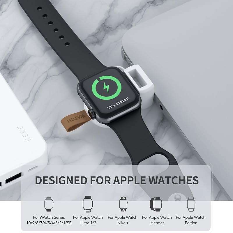 NEWDERY Charger for Apple Watch Travel iWatch USB Wireless Charge, Portable Cordless Charger with Light Weight Magnetic Quick Charge for Apple Watch Ultra2/1 Series11 10 9 8 7 6 5 4 3 2 1 SE, White - Image 2