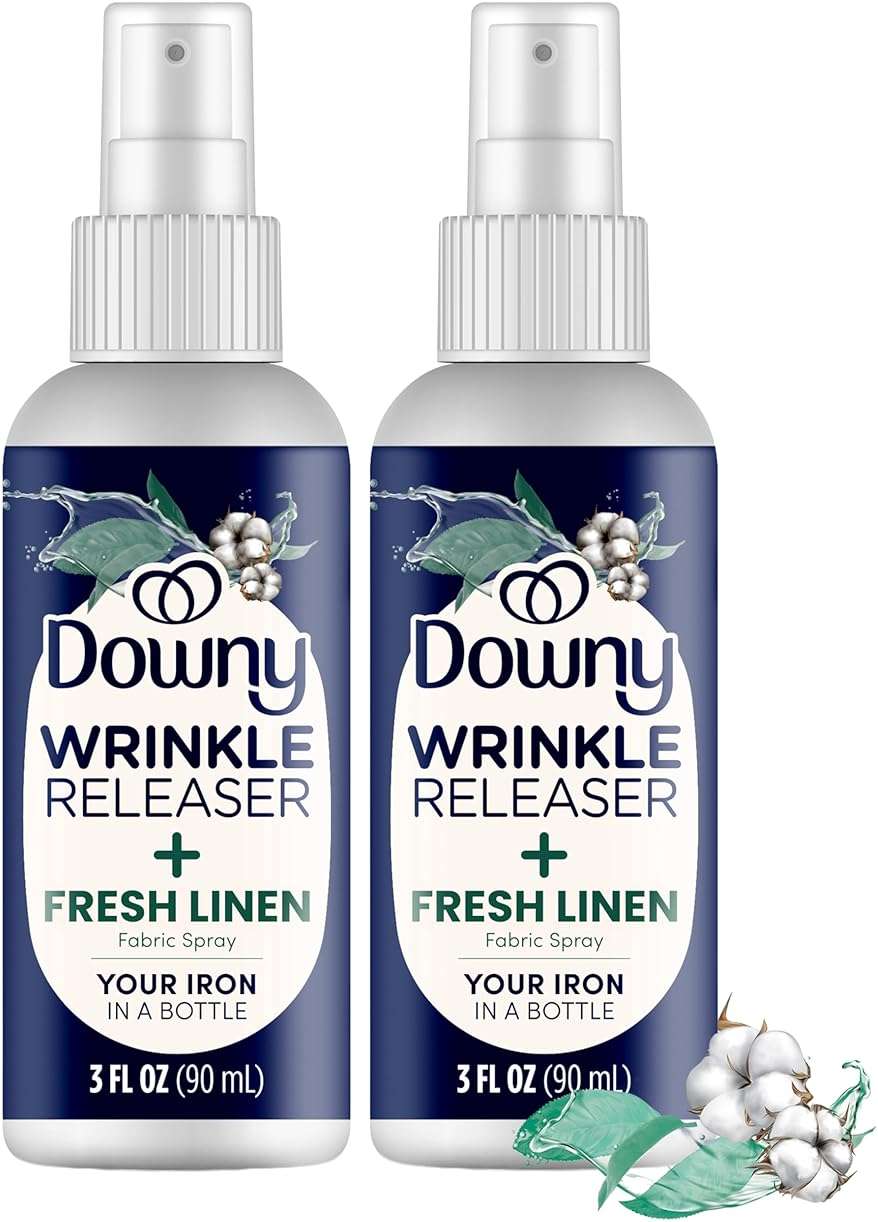 Downy Wrinkle Releaser Spray All In One Wrinkle Release Spray Travel Size, Odor Eliminator, Static Remover Fabric Refresher & Ironing Aid for Clothes 3 Fl Oz (Pack of 2), Crisp Linen Scent - Image 1