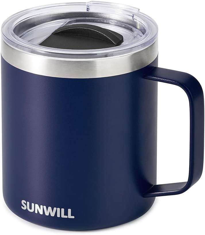 SUNWILL Insulated Coffee Mug with Lid, Travel Tumbler with Handle, 14oz Stainless Steel Cup for Camping, Office, Home, Powder Coated Navy Blue - Image 1