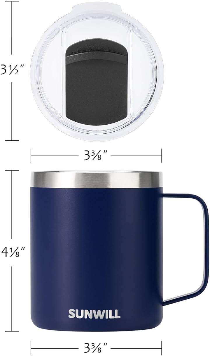 SUNWILL Insulated Coffee Mug with Lid, Travel Tumbler with Handle, 14oz Stainless Steel Cup for Camping, Office, Home, Powder Coated Navy Blue - Image 3
