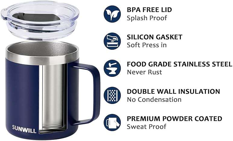 SUNWILL Insulated Coffee Mug with Lid, Travel Tumbler with Handle, 14oz Stainless Steel Cup for Camping, Office, Home, Powder Coated Navy Blue - Image 4