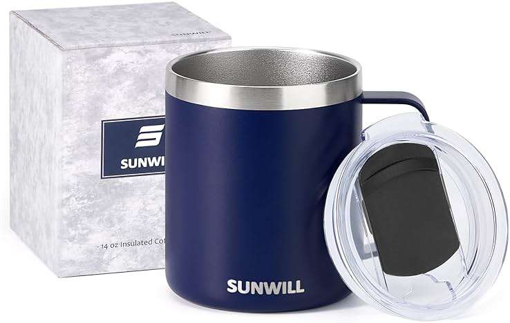 SUNWILL Insulated Coffee Mug with Lid, Travel Tumbler with Handle, 14oz Stainless Steel Cup for Camping, Office, Home, Powder Coated Navy Blue - Image 6