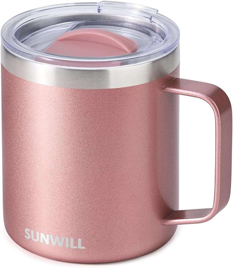 SUNWILL Travel Coffee Mug with Lid, Insulated Tumbler with Handle, 14 oz Stainless Steel Cup for Ice, Water, Tea, Rose Gold - Image 1
