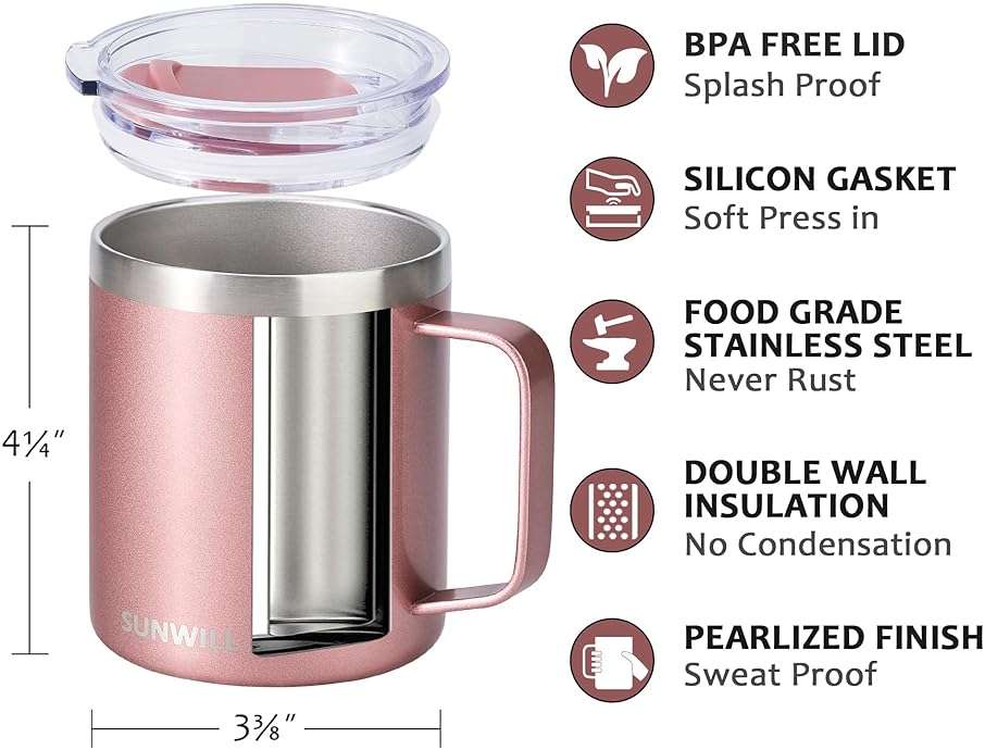 SUNWILL Travel Coffee Mug with Lid, Insulated Tumbler with Handle, 14 oz Stainless Steel Cup for Ice, Water, Tea, Rose Gold - Image 2
