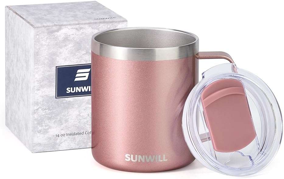 SUNWILL Travel Coffee Mug with Lid, Insulated Tumbler with Handle, 14 oz Stainless Steel Cup for Ice, Water, Tea, Rose Gold - Image 5